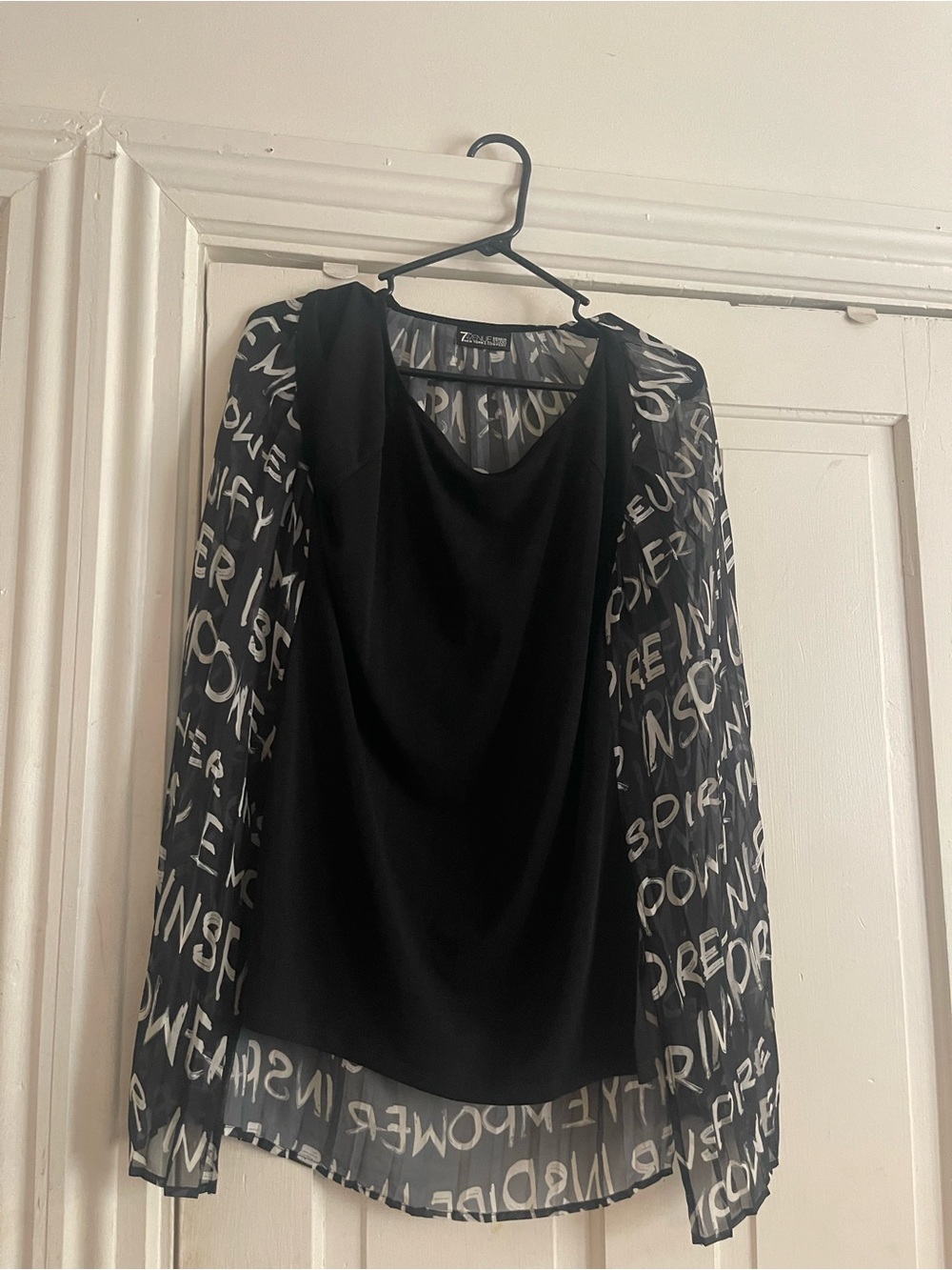 New York & Company Black Top with Sheer Printed Long Sleeves